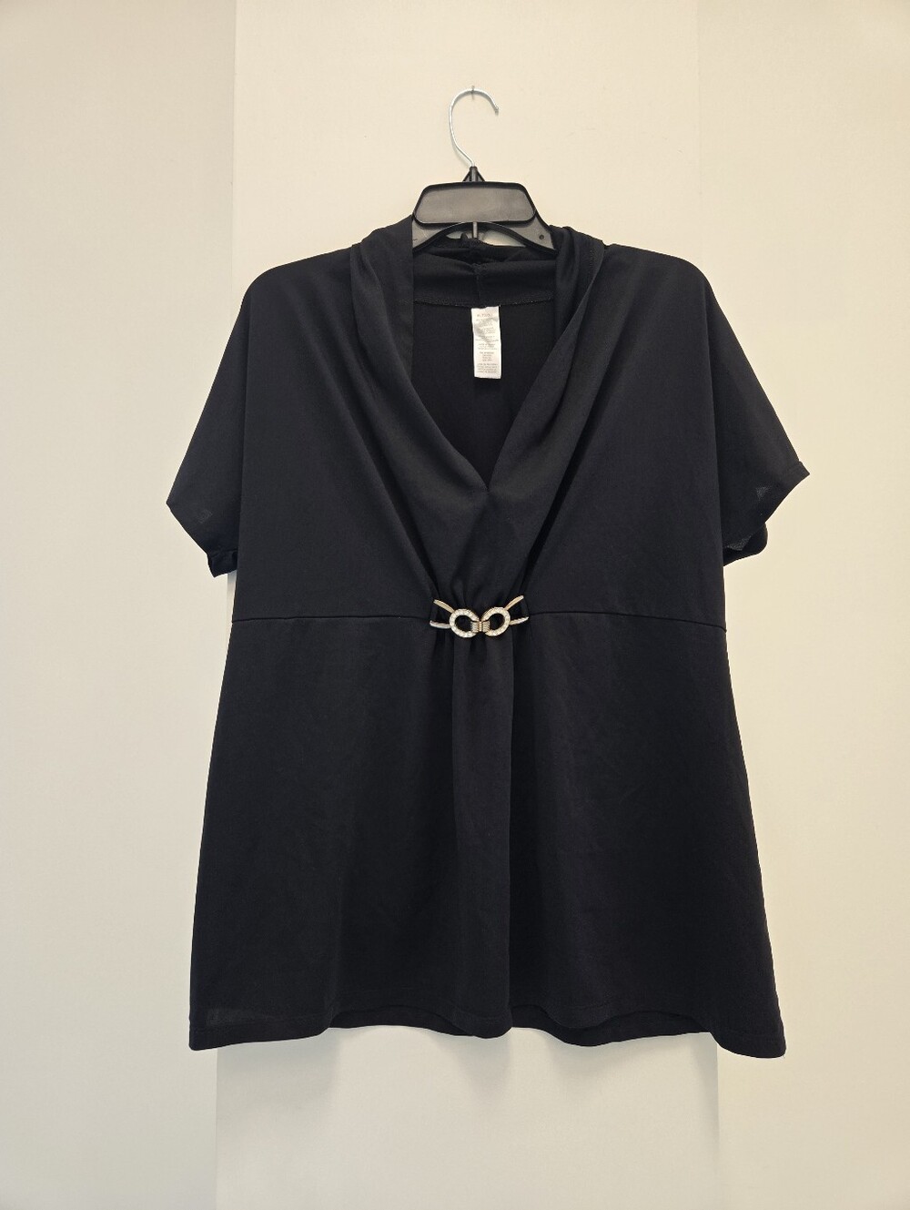 Avon Black Drape-Front Short Sleeve Tunic with Decorative Ring